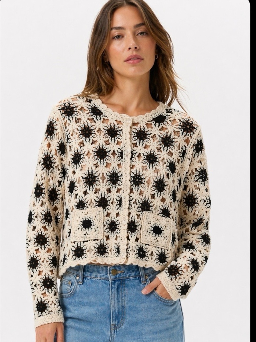 NWT Walter Baker Brooke Crochet Cardigan Cream Black Floral Open Knit L
